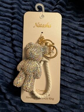 NAILA Iridescent Crystal Teddy Bear Keychain with White Braided Loop